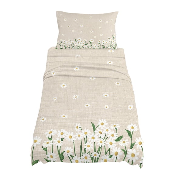 Twin Size Spring White Sheet Sets Daisy Flowers Plants Linen Style Background Soft Breathable Microfiber Bed Sheets Deep Pockets 4 Piece Bed Sheets Set, 1 Fitted Sheet, 1 Flat Sheet & 1 Pillowcases