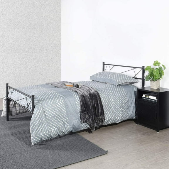 Twin Size Steel Foundation Metal Bed Frame Classic Headboard Single Bed