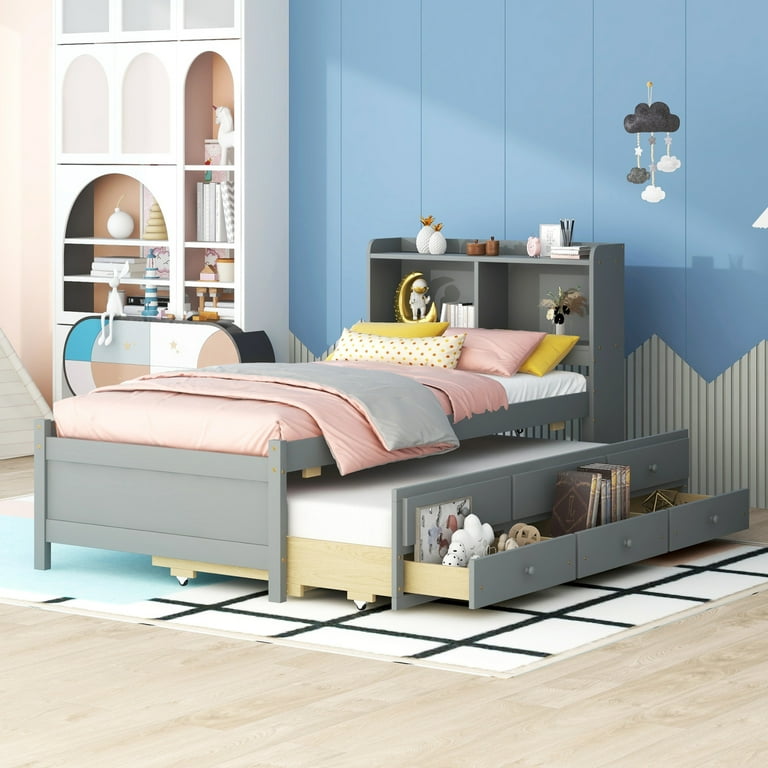 Twin Size Storage Bed with Bookcase Headboard and Trundle Wood Platform Bed Frame with Charging Station Pull Out Shelves and 3 Drawers for Kids Teens Adults No Box Spring Needed Grey