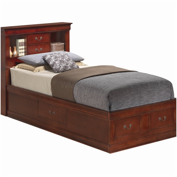 Twin Size Storage Bed Frame with Headboard, Cherry Finish Platform Base for Compact Living