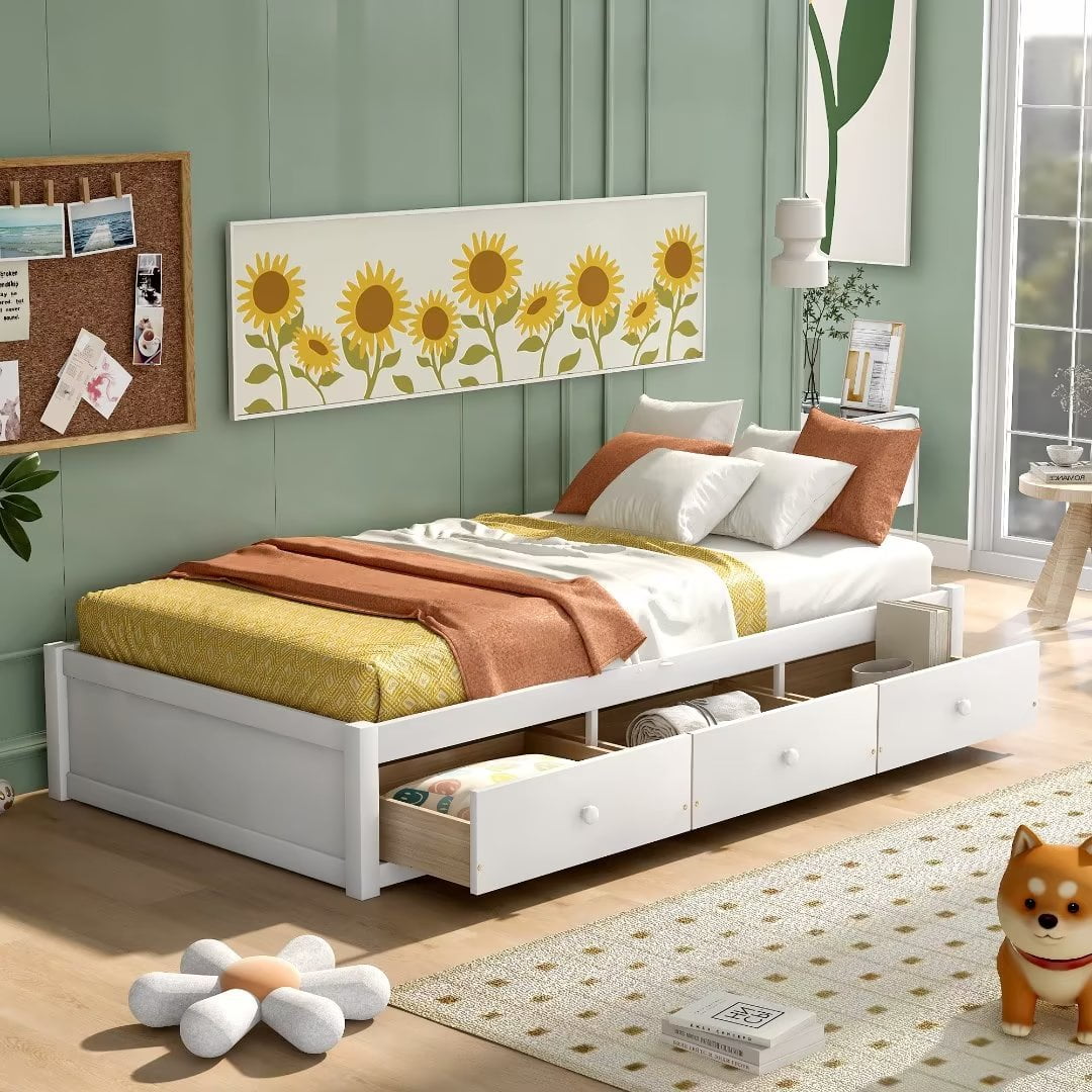 Twin Size Storage Bed with Drawers Wood Platform Bed Frame with Storage and Wood Slat Support No Box Spring Needed for Bedroom Living Room White Walmart