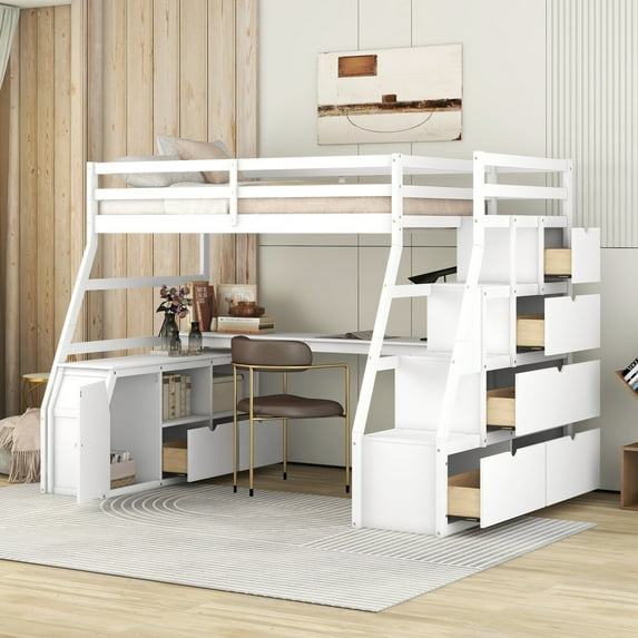 Twin Size Storage Loft Bed with 7 Drawers 2 Shelves and Desk, Bed Frame for Teens, Boys and Girls, White