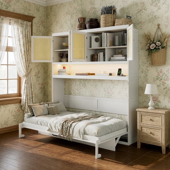 Twin Size Storage Murphy Bed with Cabinets w/ Rattan Door, Foldable Platform Bed Frame with Built-in Light & Charge Station