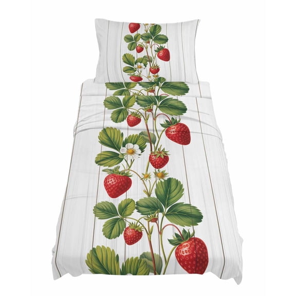 Twin Size Strawberry Sheet Sets Vintage Country Strawberry Leaf White Wood Grain Soft Breathable Microfiber Bed Sheets 4 Piece Bed Sheets Set, 1 Fitted Sheet, 1 Flat Sheet & 1 Pillowcases