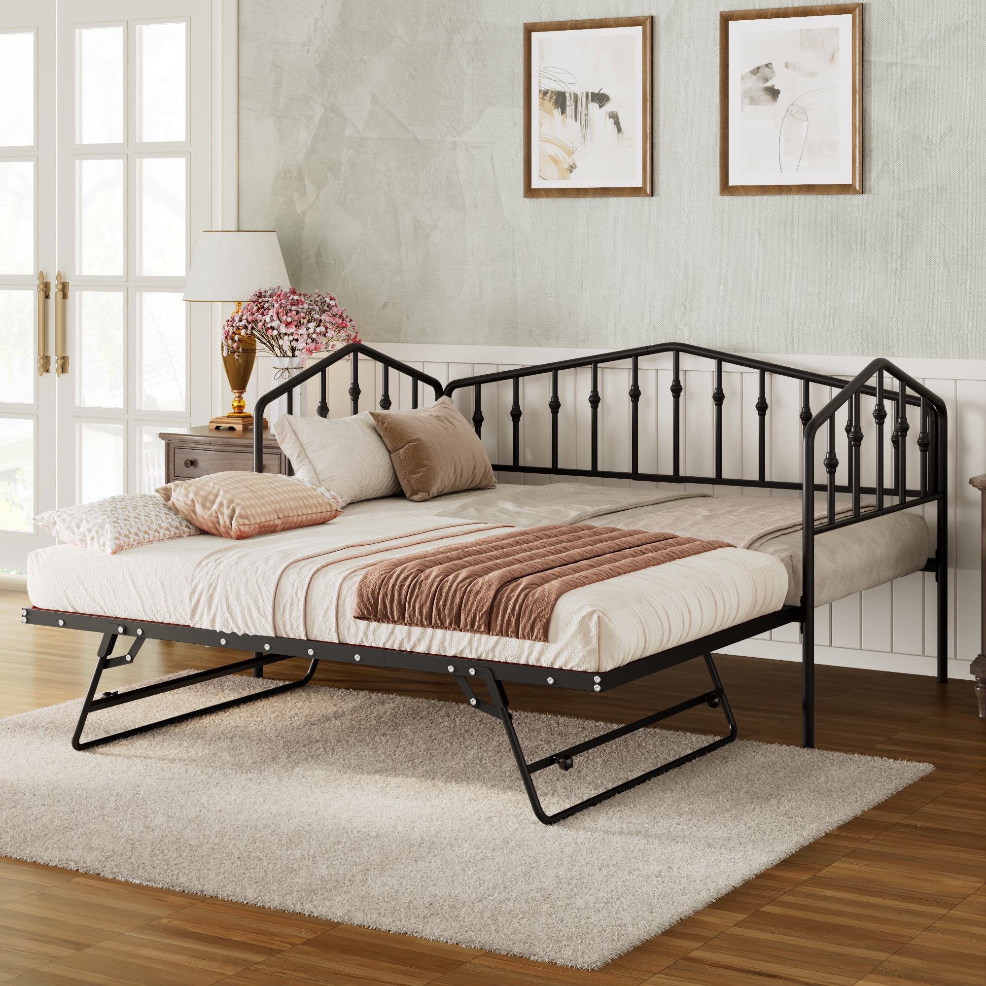 Twin Size Stylish Metal Daybed with Twin Size Adjustable Trundle, Portable Folding Trundle, Black