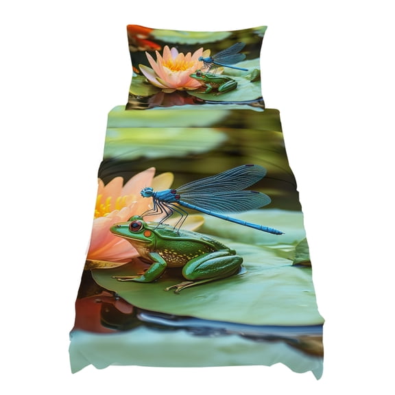 Twin Size Summer Lotus Sheet Sets Flowers Frogs Dragonflies Animal Soft Breathable Microfiber Bed Sheets Deep Pockets 4 Piece Bed Sheets Set, 1 Fitted Sheet, 1 Flat Sheet & 1 Pillowcases