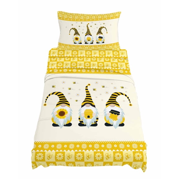 Twin Size Sweet Gnomes Sheet Sets Bee Daisy Yellow Plaid Soft Breathable Microfiber Bed Sheets Deep Pockets 4 Piece Bed Sheets Set, 1 Fitted Sheet, 1 Flat Sheet & 1 Pillowcases