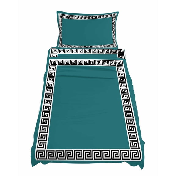Twin Size Teal Green Sheet Sets Greek Chinese Style Border Geometric Soft Breathable Microfiber Bed Sheets Deep Pockets 4 Piece Bed Sheets Set, 1 Fitted Sheet, 1 Flat Sheet & 1 Pillowcases