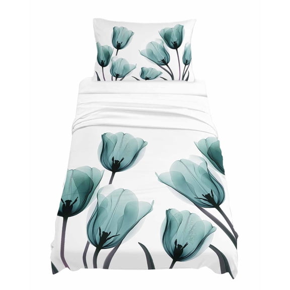 Twin Size Teal Tulip Sheet Sets X-ray Flower Transparent Floral Plant Soft Breathable Microfiber Bed Sheets Deep Pockets 4 Piece Bed Sheets Set, 1 Fitted Sheet, 1 Flat Sheet & 1 Pillowcases