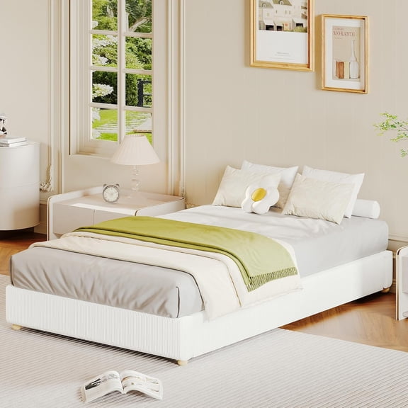 Twin Size Teddy Fleece Low Cloud Bed Frame, Upholstered Platform, Solid Wood Legs, No Box Spring, Noise-Free, Easy Assembly, White