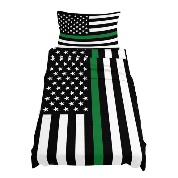 Twin Size Thin Green Sheet Sets Line Flag Border Patrol, Park Ranger and Conservation Officer Soft Microfiber Bed Sheets 4 Piece Bed Sheets Set, 1 Fitted Sheet, 1 Flat Sheet & 1 Pillowcases