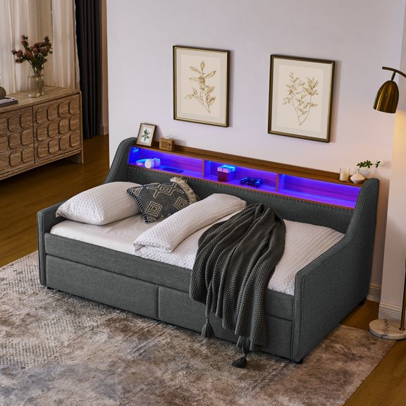 Twin Size - Three LED Lights & Wireless Charging - Bedroom Use - Convenient Storage & Personalized Lighting