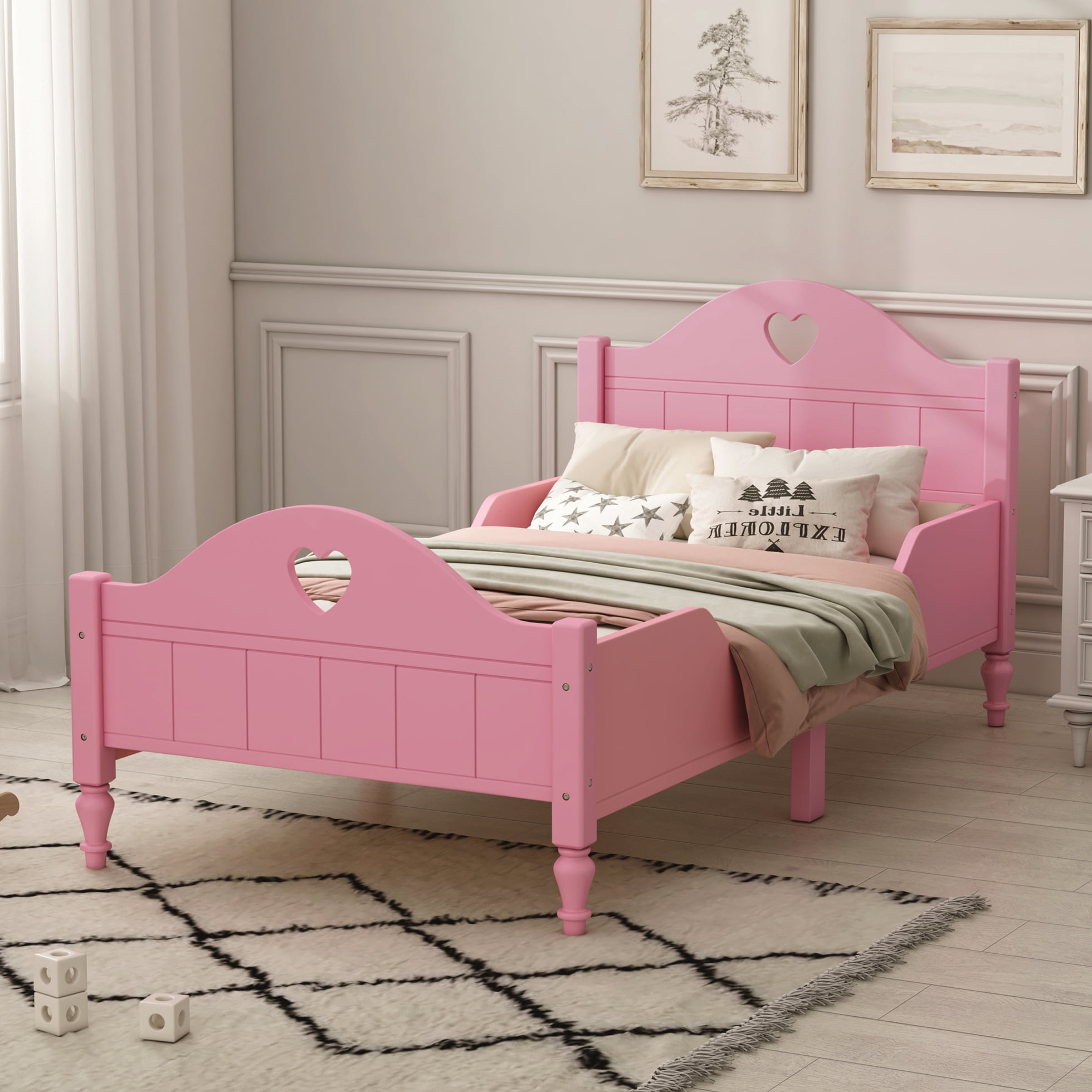 Twin Size Toddler Bed, Macaron Twin Size Bed with Side Guardrails, Wood Bed Frame for Girls and