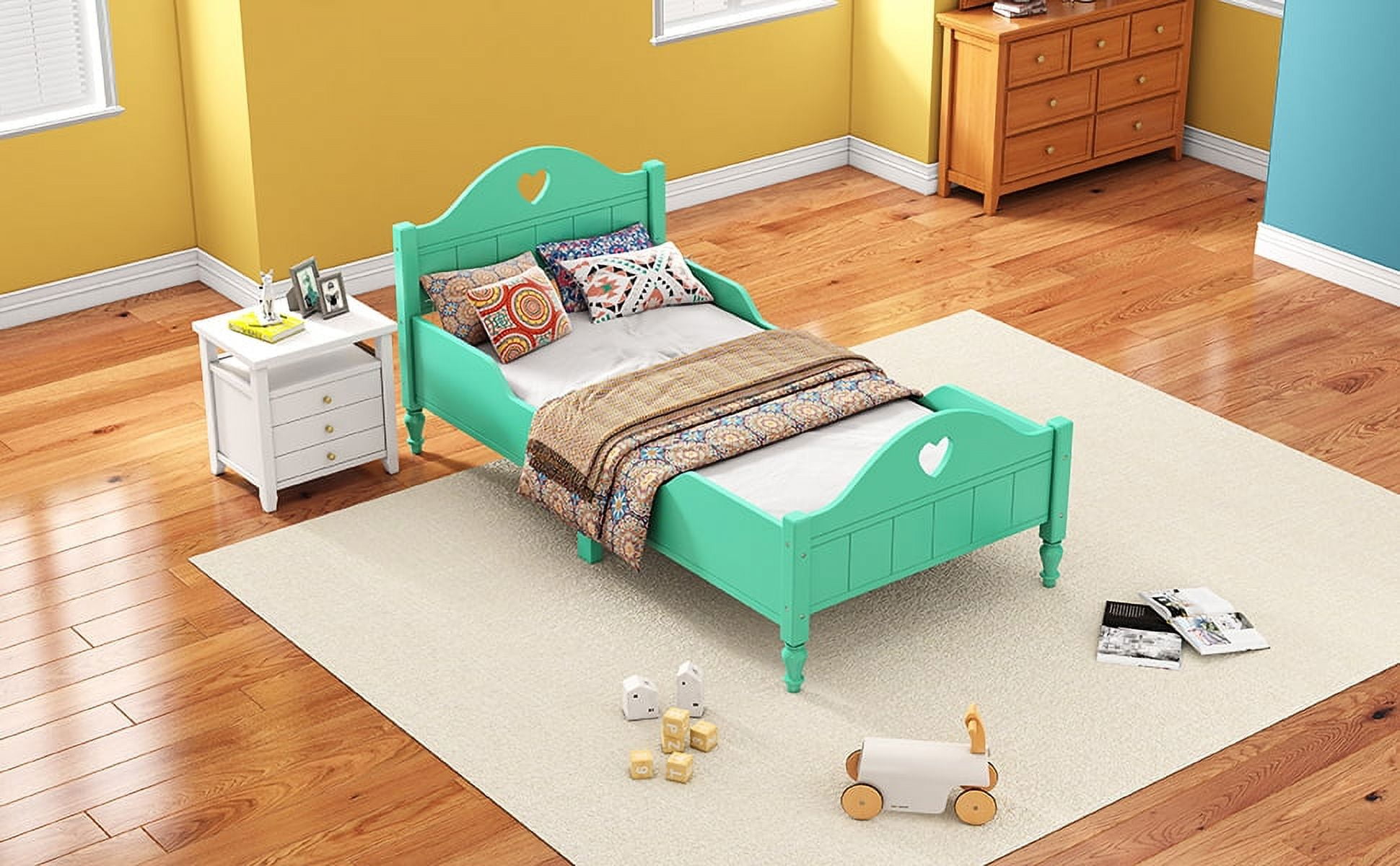 Twin Size Toddler Bed with Side Safety Rails, Low Platform Bed with