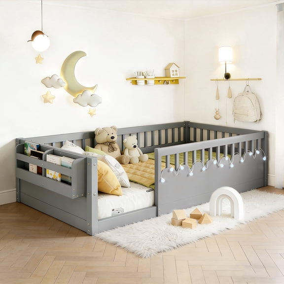 Twin Size Toddler Floor Bed Frame, Montessori Floor Bed with Guardrails, Pine Wood Bed Frame for Kids, No Slats Included, Gray