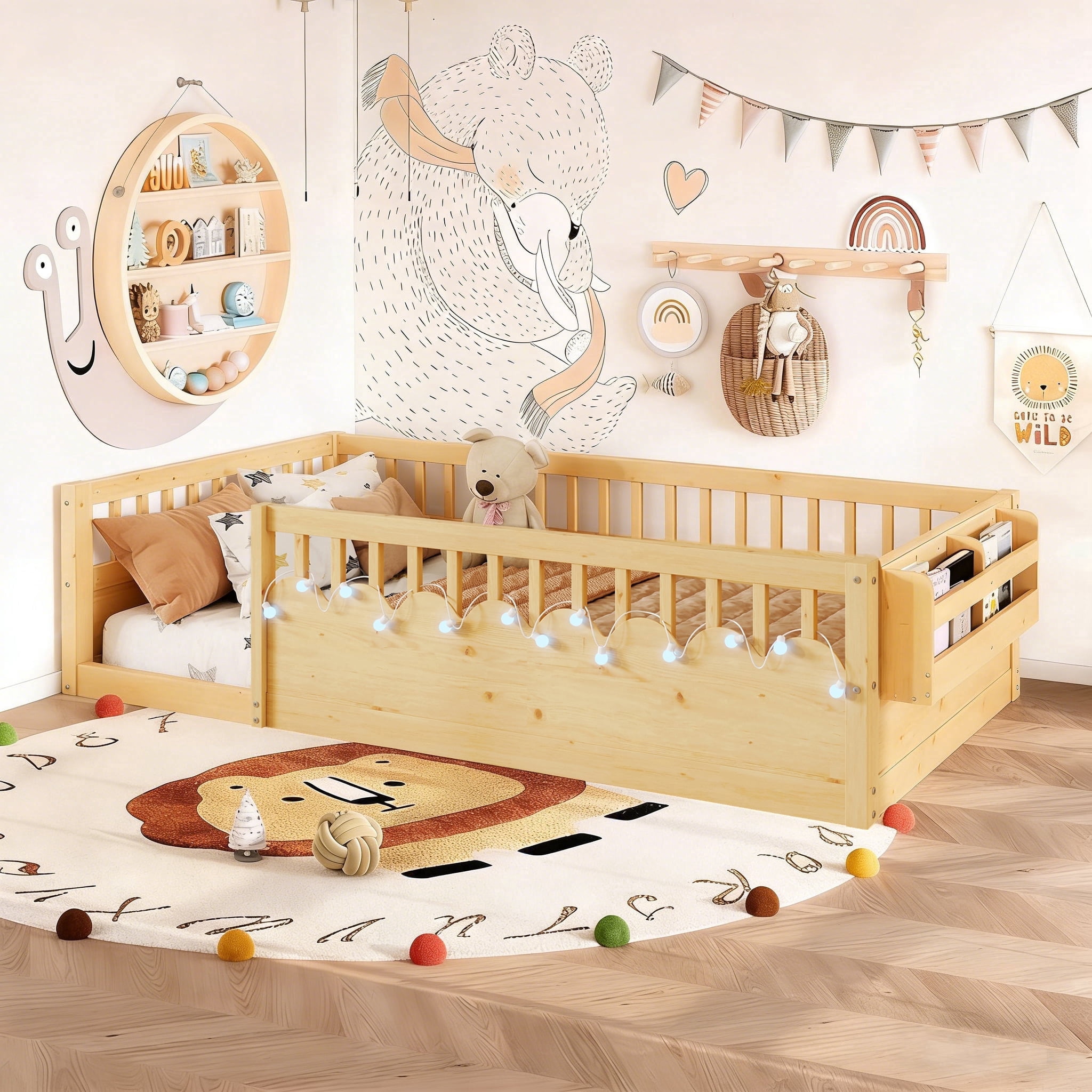 Twin Size Toddler Floor Bed Frame, Montessori Floor Bed with Guardrails, Pine Wood Bed Frame for Kids, No Slats Included, Natural