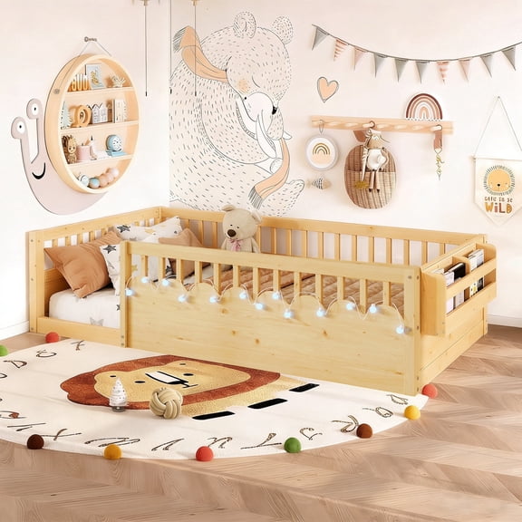 Twin Size Toddler Floor Bed Frame, Montessori Floor Bed with Guardrails, Pine Wood Bed Frame for Kids, No Slats Included, Natural