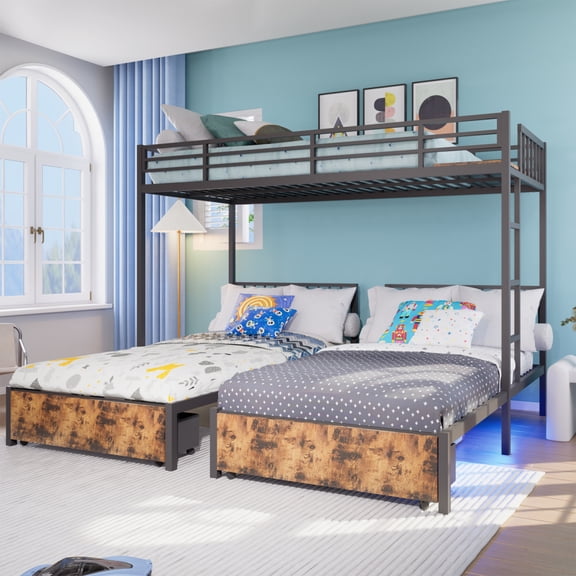 Twin Size Triple Bunk Bed, Metal 3-Bed Bunk, Separates Into 3 Twin Beds, Noise Reduced,BLACK