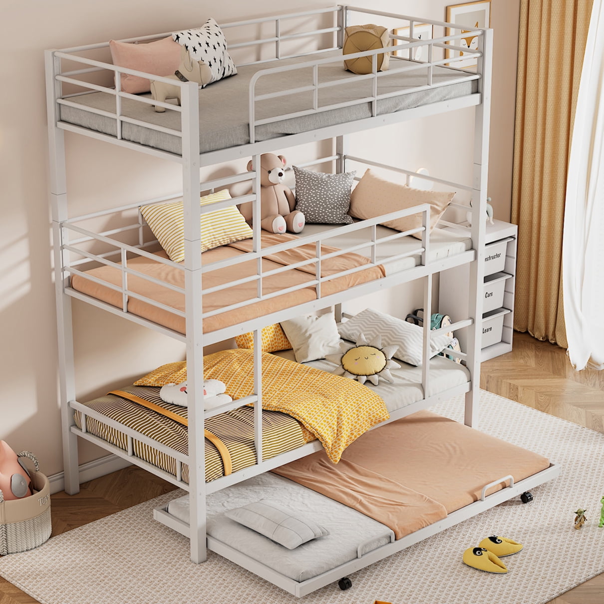 Twin Size Triple Bunk Bed with Trundle, Heavy Duty Metal Bunk Bed Frame