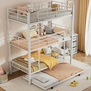 Twin Size Triple Bunk Bed with Trundle, Heavy Duty Metal Bunk Bed Frame with Full-Length Guardrail & Built-in Ladders, Convertiber into 2 Bed for Boys Girls Teens Adults, White