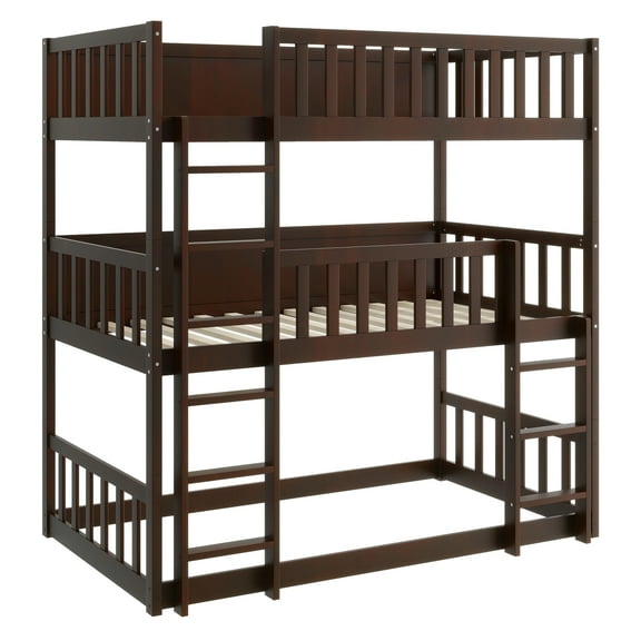 Twin Size Triple Rubber Wood Bunk Bed, with Ladders, Guardrails Detachable Bunk Bed, Twin over Twin over Twin,Espresso