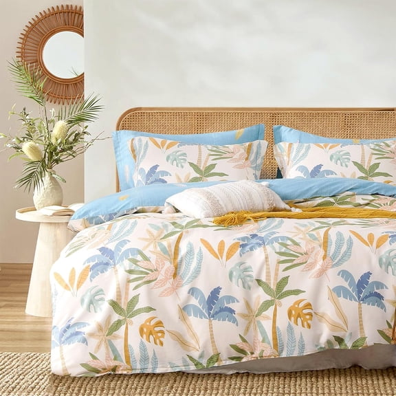 Twin Size Tropical Coastal Cotton Comforter Set, 2-Piece Palm & Leaf Pattern Reversible Bedding
