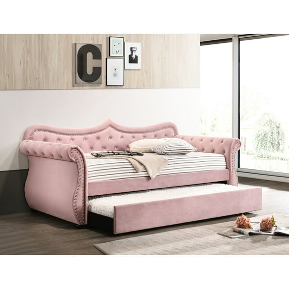 Twin Size Trundle Bed | Button Tufted for Elegant Appearance | Synthetic Wood and Poplar | High Load-Bearing
