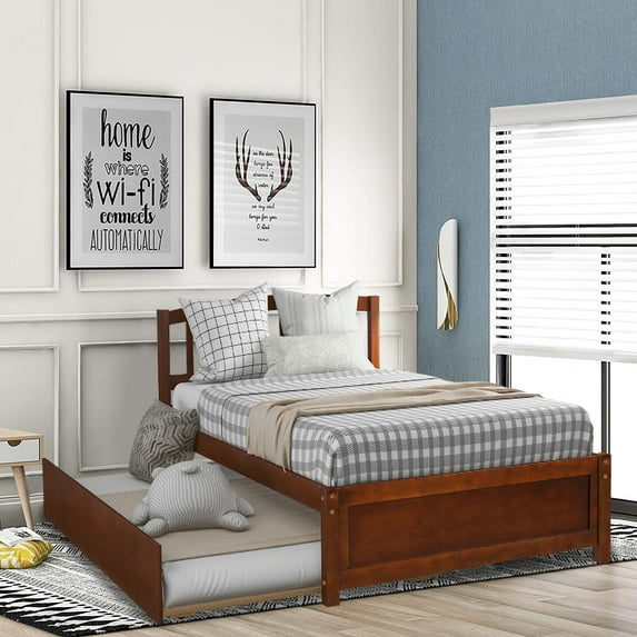 Twin Size Trundle Bed Frame, Wood Platform Bed for Boys Girls, Modern Twin Bed Frame with Wood Slat Support, Heavy Duty Mattress Foundation, Easy Assembly