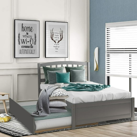 Twin Size Trundle Bed Frame, Wood Platform Bed for Boys Girls, Modern Twin Bed Frame with Wood Slat Support, Heavy Duty Mattress Foundation, Easy Assembly