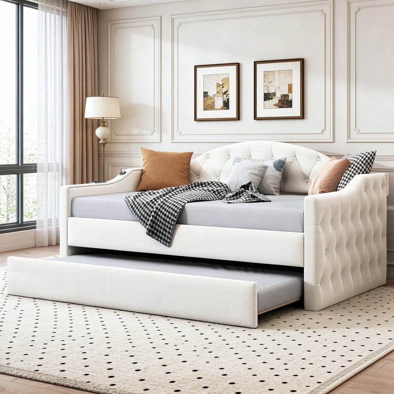 Twin Size Tufted Daybed with Trundle & Backrest, Velvet Upholstered Sofa Bed Frame with USB & Type-C Ports