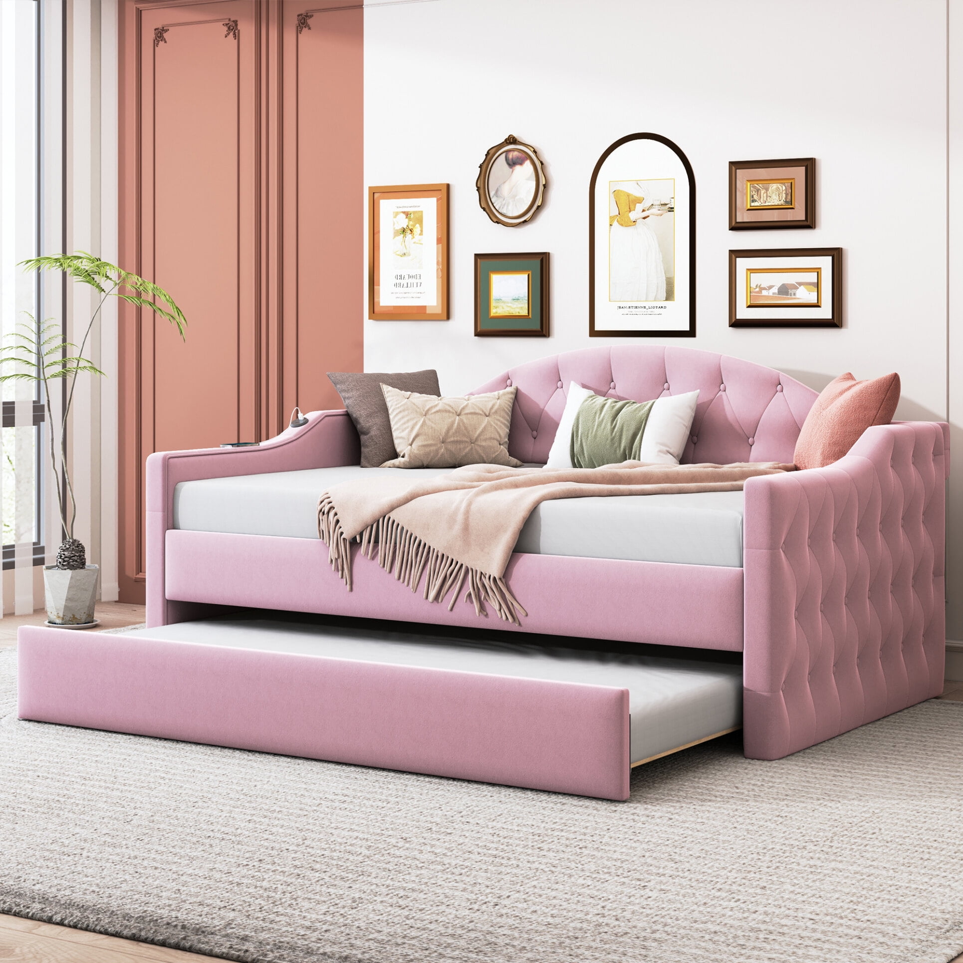 Twin Size Tufted Upholstered Daybed with Trundle Velvet Sofa Bed with USB Type C Charging Ports Wooden Bed Frame with Slats Support No Box Spring Needed Pink Walmart