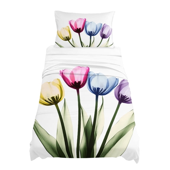 Twin Size Tulip Flower Sheet Sets Color Floral Transparent Vintage Soft Breathable Microfiber Bed Sheets Deep Pockets 4 Piece Bed Sheets Set, 1 Fitted Sheet, 1 Flat Sheet & 1 Pillowcases
