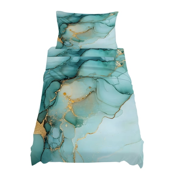Twin Size Turquoise Marble Sheet Sets Modern Art Abstract Gold Texture Ombre Soft Breathable Microfiber Bed Sheets Deep Pockets 4 Piece Bed Sheets Set, 1 Fitted Sheet, 1 Flat Sheet & 1 Pillowcases