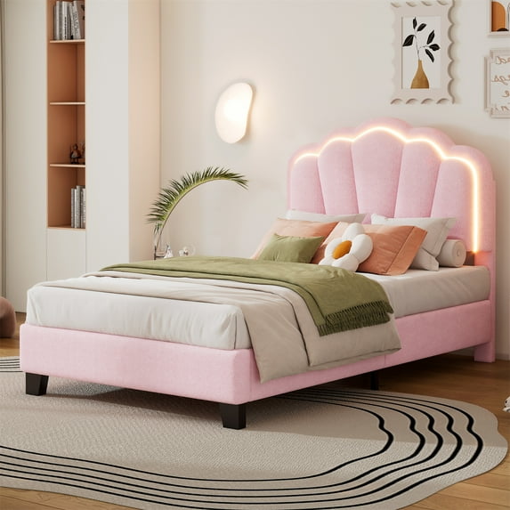 Twin Size Upholstered Bed, Flower-Shape Bed Frame with LED Light Strip Flowers Headboard, Sherpa Fabric Platform Bed with Wooden Slats Support for Bedroom