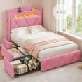 thumbnail image 1 of Twin Size Upholstered Bed Frame with 3 Large Storage Drawers,Tufted Velvet Upholstered Princess Platform Bed with Storage Headboard,Twin Size Bed with LED Lights & Charging Station,Pink, 1 of 9