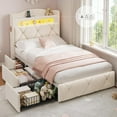 thumbnail image 1 of Twin Size Upholstered Bed Frame with 3 Large Storage Drawers,Tufted Velvet Upholstered Princess Platform Bed with Storage Headboard,Twin Size Bed with LED Lights & Charging Station,Off-white, 1 of 9