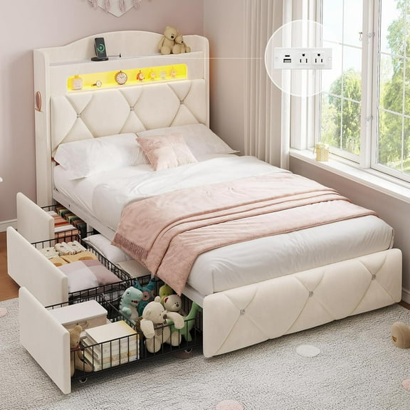 Twin Size Upholstered Bed Frame with 3 Large Storage Drawers,Tufted Velvet Upholstered Princess Platform Bed with Storage Headboard,Twin Size Bed with LED Lights & Charging Station,Off-white