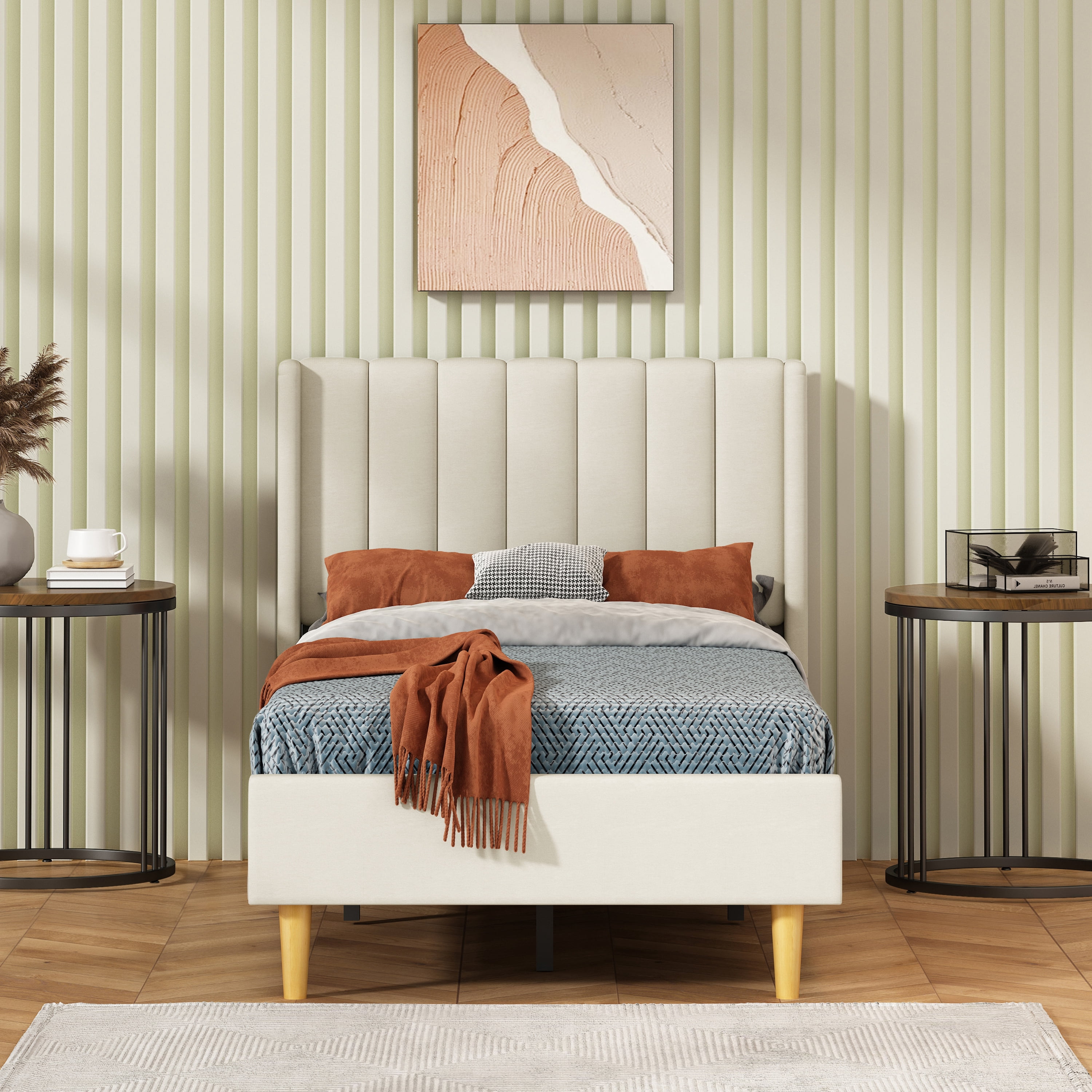Twin Size Upholstered Bed Frame,40.9" High Headboard,Strong Metal Frame,Wooden Slats Support,No Box Spring Needed,Easy Assembly,Linen Fabric,Beige