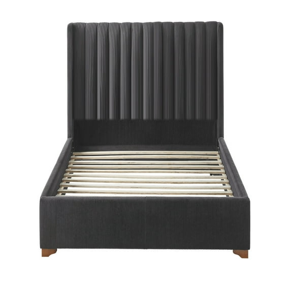 Twin Size Upholstered Bed Frame with Corduroy Headboard - Sturdy Wood Slat Platform Foundation, No Box Spring Required, Modern Minimalist Bedroom Furniture in Black