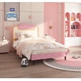 thumbnail image 1 of Twin Size Upholstered Bed Frame with LED Lights and Fabric Headboard, Princess Platform Bed for Girls with Wood Slats, No Box Spring Needed in Pink and White, 1 of 7