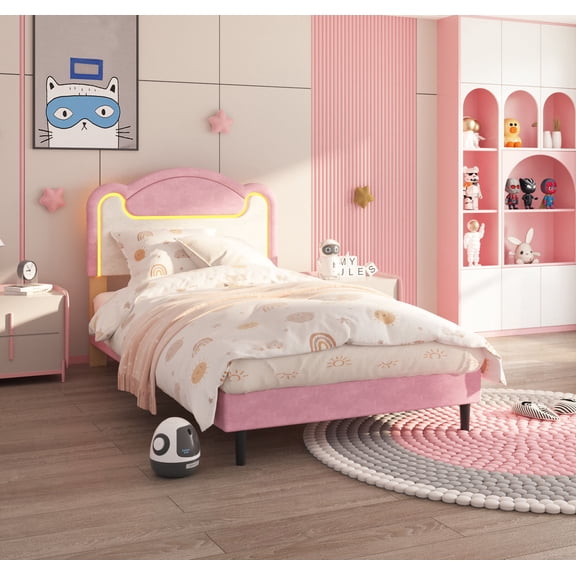 Twin Size Upholstered Bed Frame with LED Lights and Fabric Headboard, Princess Platform Bed for Girls with Wood Slats, No Box Spring Needed in Pink and White