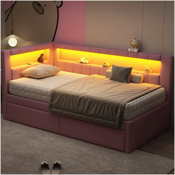 Twin Size Upholstered Bed Frame with LED Lights, USB Ports, 2 Drawers, Platform Base No Box Spring