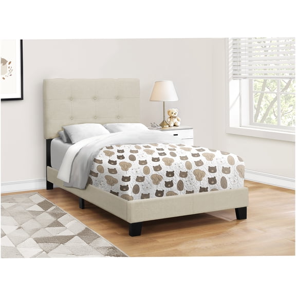 Twin Size Upholstered Bed Frame with Tufted Headboard, Low Profile Platform Base for Small Spaces