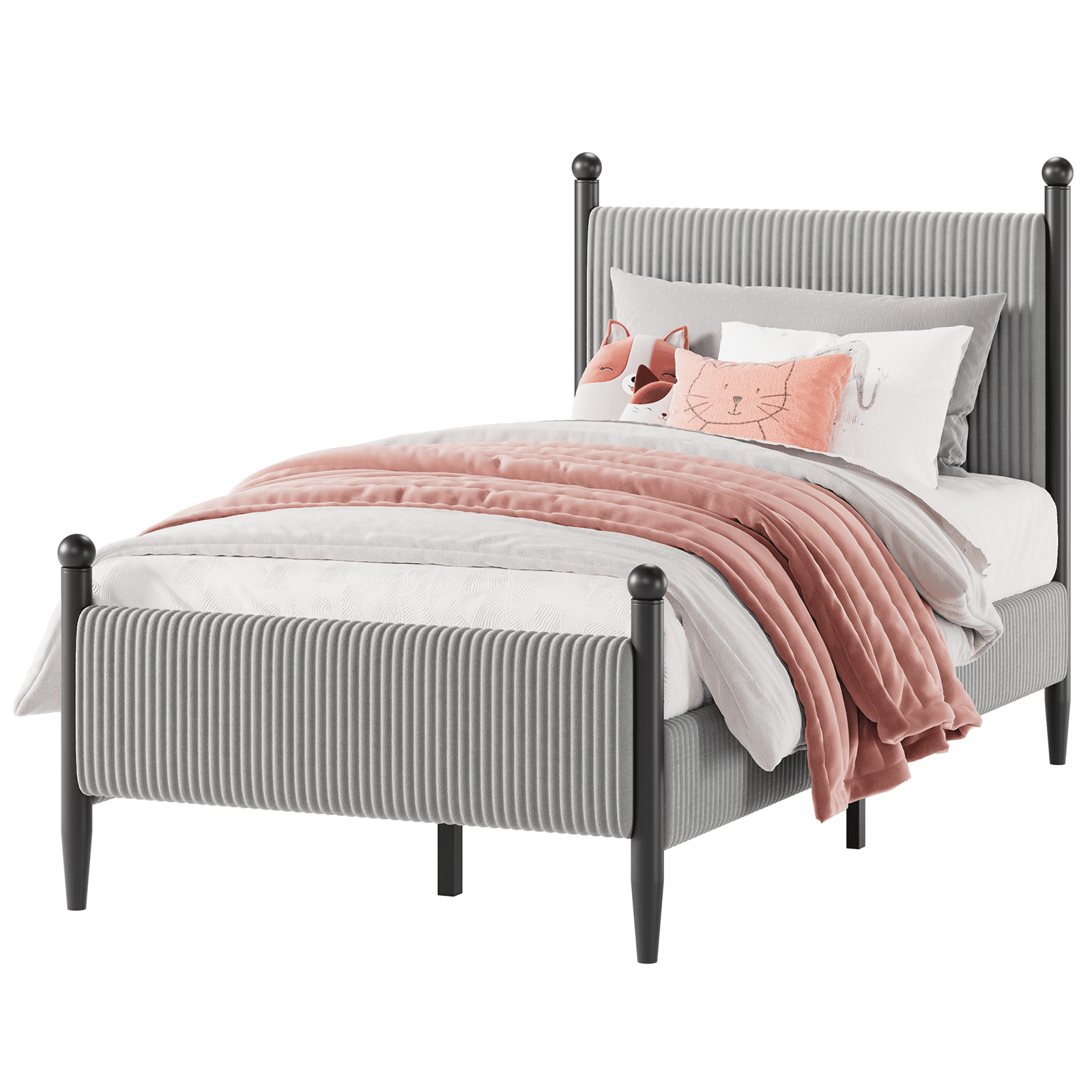 Twin Size Upholstered Bed Frame with Velvet Headboard, Soft Corduroy Fabric Platform Bed with Wooden Slats Support, No Box Spring Needed, Grey