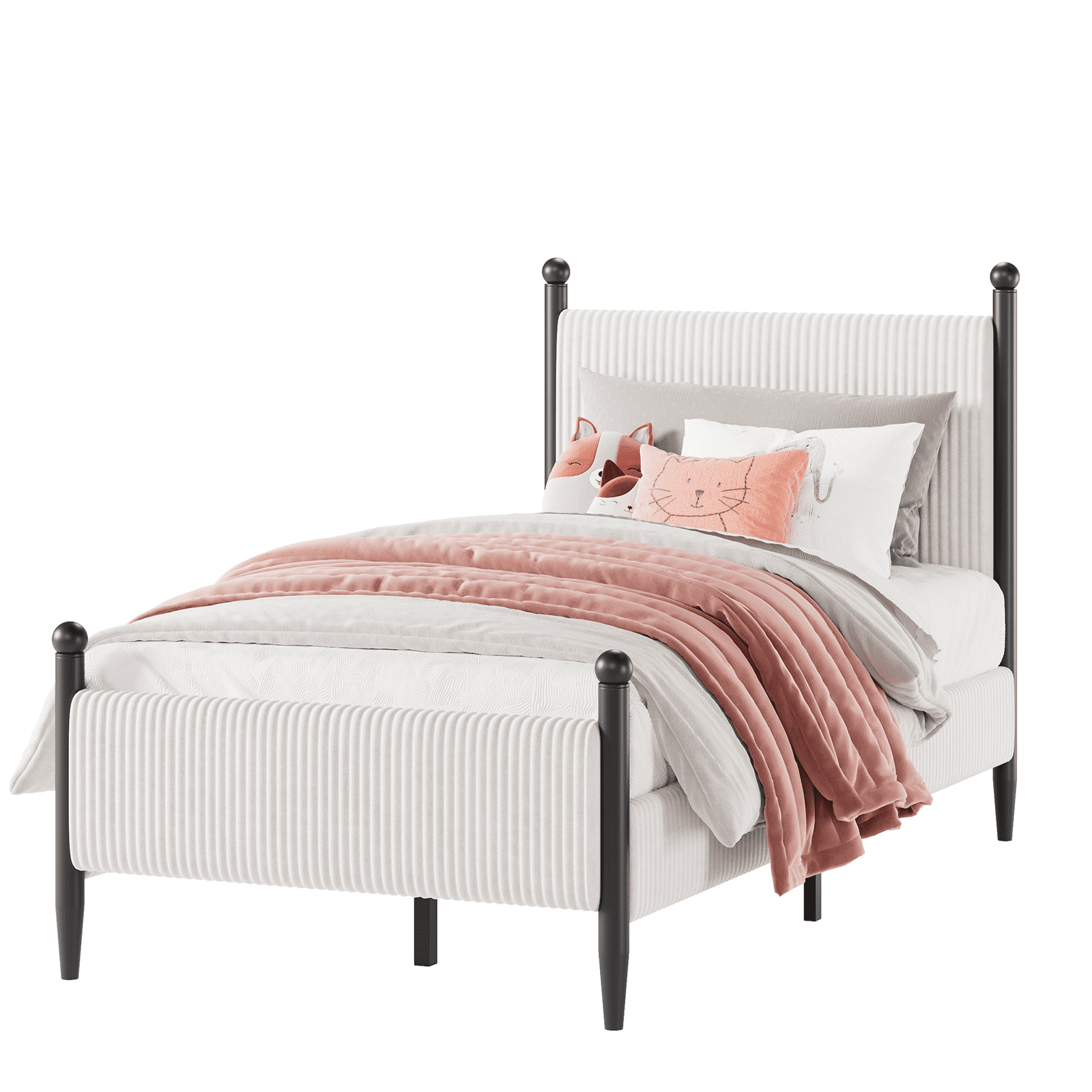 Twin Size Upholstered Bed Frame with Velvet Headboard, Soft Corduroy Fabric Platform Bed with Wooden Slats Support, No Box Spring Needed, White