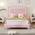 thumbnail image 1 of Twin Size Upholstered Bed with LED Lights, Velvet Platform Bed Frame with Tufted Headboard, Modern Bedroom Platform Bed Frame for Adult, Teenager, Pink, 1 of 7