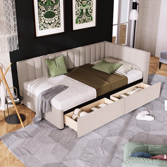 Twin Size Upholstered Bed | Solid Wood Frame, Easy Assembly | Small Bedroom