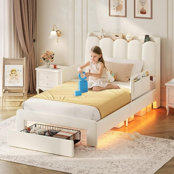 Twin Size Upholstered Bed with Storage Drawer and LED Light,Twin Bed Frame with Safety Guardrails and Chic Wavy Headboard,Velvet Princess Bed with Charging Station,Heavy Duty Metal Support,Beige