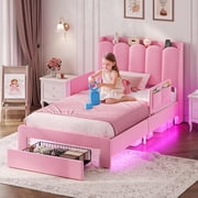 Twin Size Upholstered Bed with Storage Drawer and LED Light,Twin Bed Frame with Safety Guardrails and Chic Wavy Headboard,Velvet Princess Bed with Charging Station,Heavy Duty Metal Support,Pink