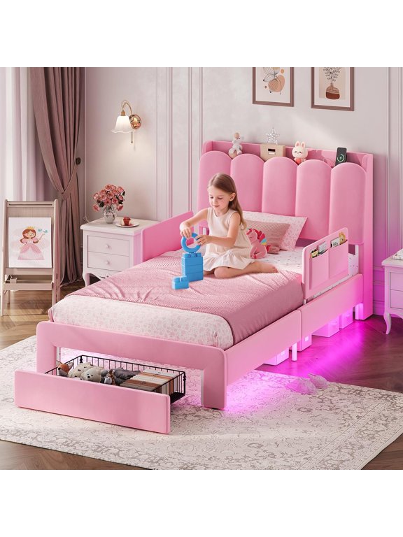 Twin Size Upholstered Bed with Storage Drawer and LED Light,Twin Bed Frame with Safety Guardrails and Chic Wavy Headboard,Velvet Princess Bed with Charging Station,Heavy Duty Metal Support,Pink